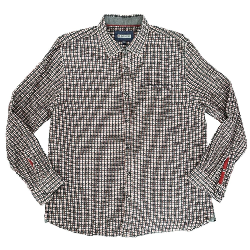 32 Bar Blues Back Beats Basket Weave Shirt Men’s XL Textured Red Charcoal Plaid